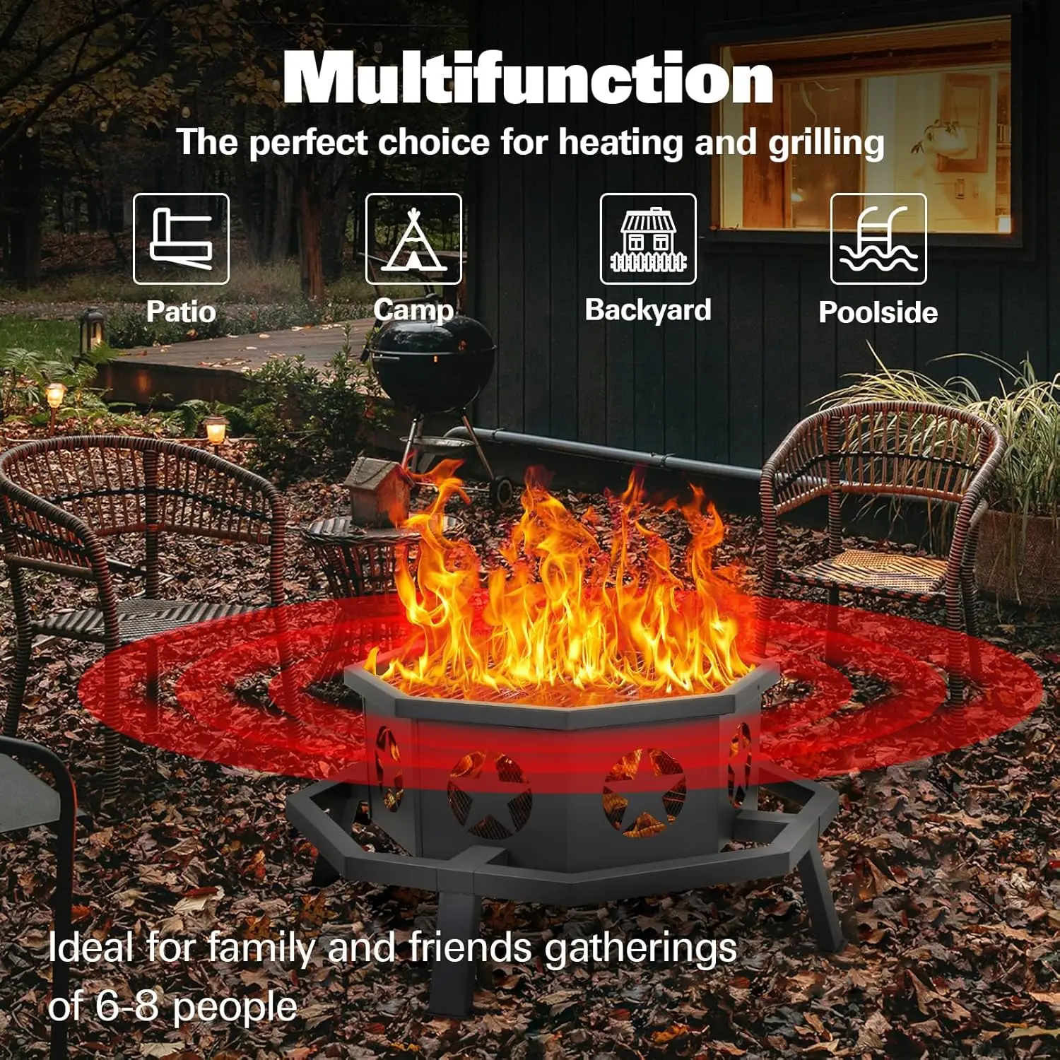 35 Inch 2 in 1 Fire Pit with Grill, Large Wood Burning Fire Pit with Cooking Grate, Octagonal Outdoor Firepit with Fire Poker