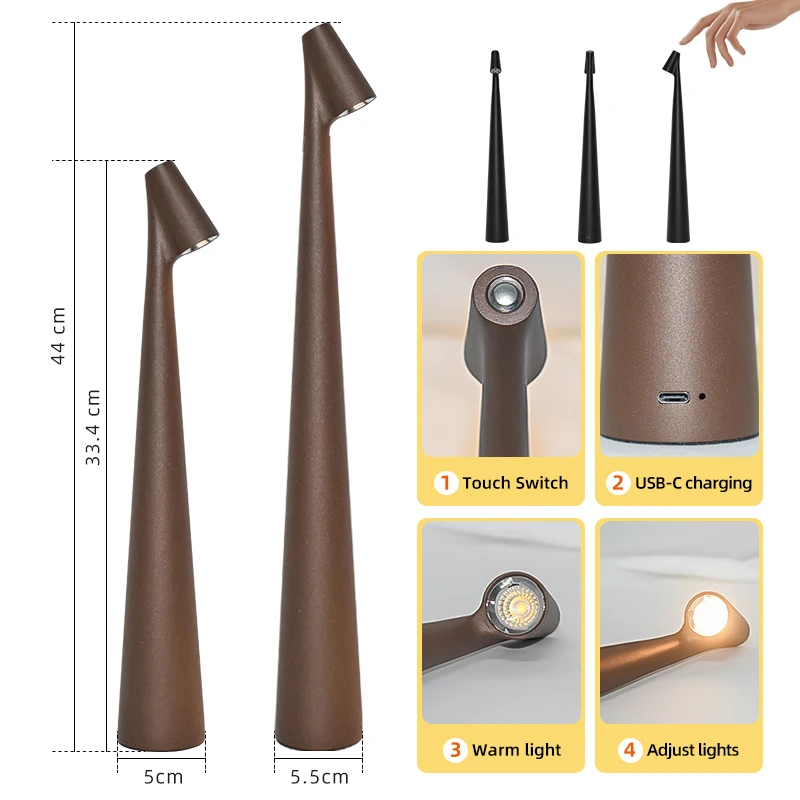 Minimalist Rechargeable led Cordless Elegant Slim Conical Stem Portable Table Lamp Touch