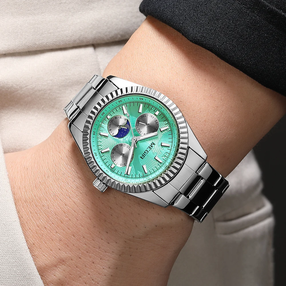 ساعة MEGIR كاجوال رياضية مقاومة للماء للرجال من أفضل العلامات التجارية المضيئة كرونوغراف كوارتز مع حزام من الفولاذ المقاوم للصدأ