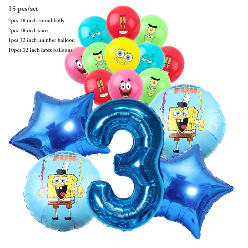 مجموعة بالونات سبونجبوب باتريك ستار مكونة من 15 قطعة، بالونات هيليوم لحفلات أعياد الميلاد، مستلزمات حفلات استحمام للأولاد والبنات #4
