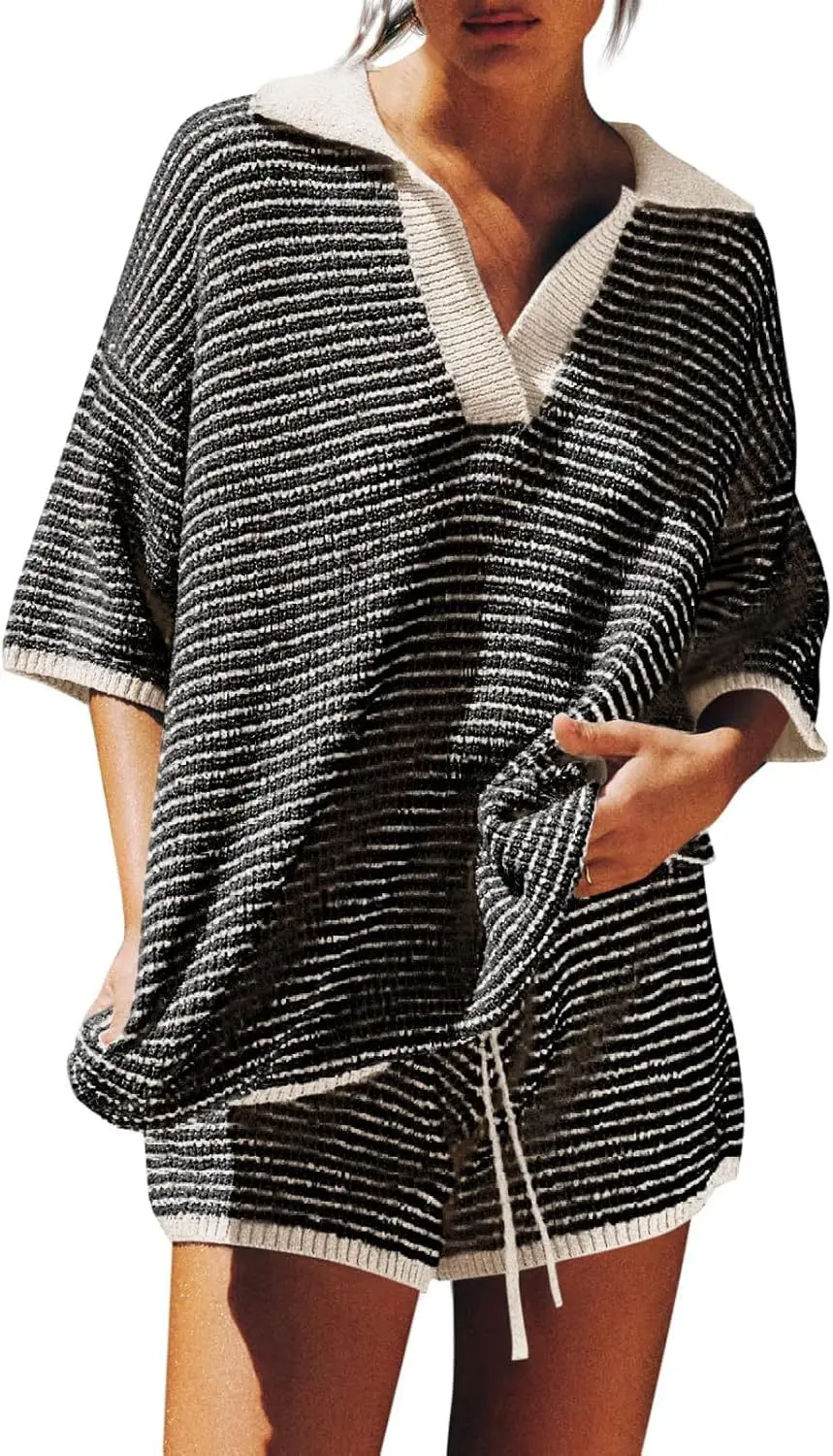 

Women's Home Shorts Set With Contrasting Stripes Knitted High Waisted Drawstring Summer Short Sleeved Top Shorts Two-piece Set