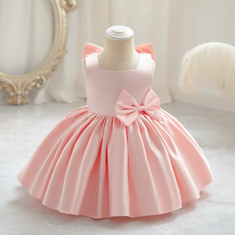 2024 New Girl\'s big bow princess dress 0-5-year-old baby fashion satin dress Carnival birthday party host performance dress