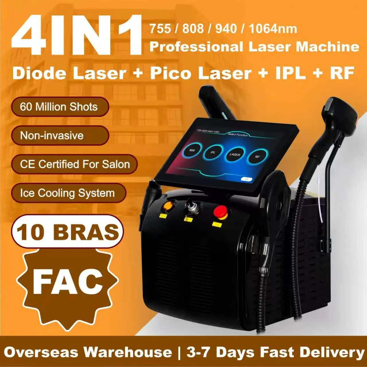 Professional Multifunctional 4in1 808nm Diode Hair Removal Machine Tattoo Removal, Freckle Removal, Skin Rejuvenation