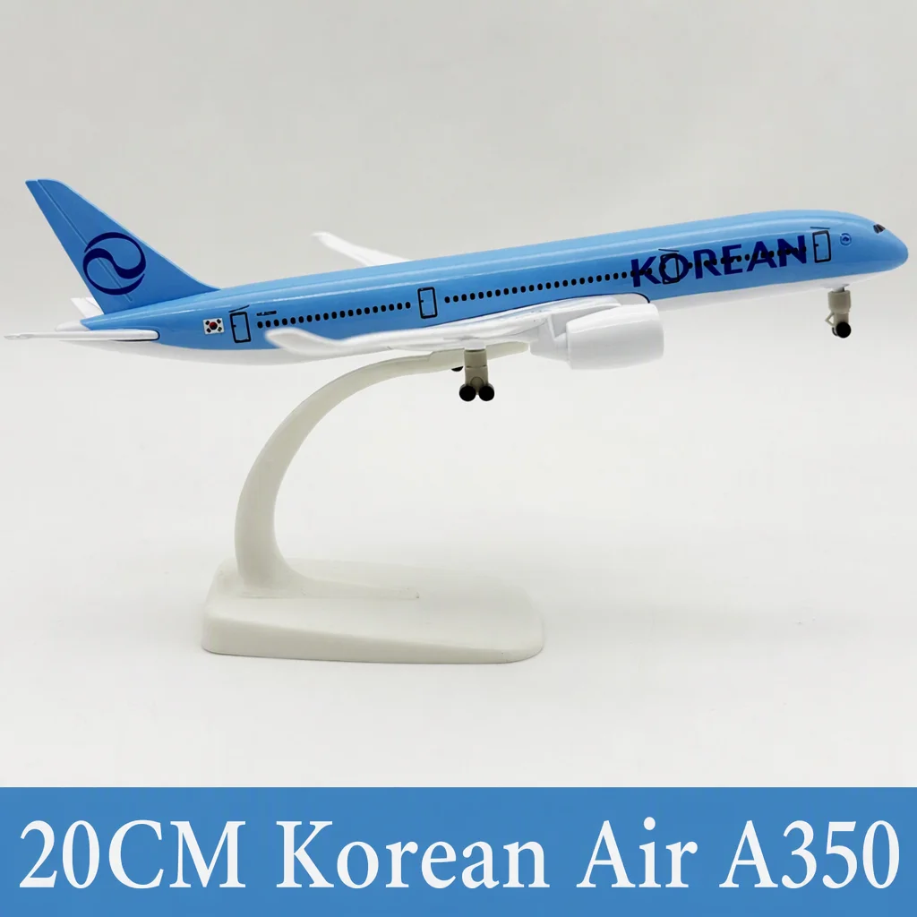 20cm Miniature Airplane A350 Korean Airways Metal Diecast Plane Model With Landing Gear Base Collectible Aircraft