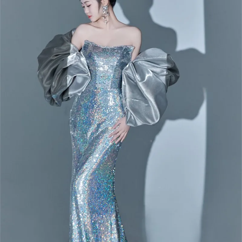 Fishtail dress light luxury niche will host birthday party vocal art test performance