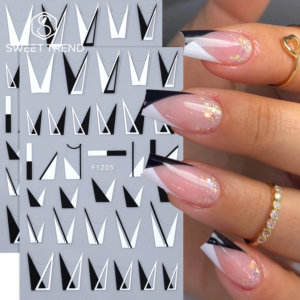 SWEET TREND-2 Stück weiße schwarze französische Linien-Nagelaufkleber, geometrische Liebesherz-Nagelaufkleber für Damen, Maniküre-Zubehör