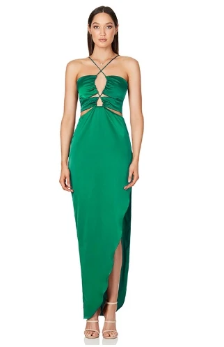 

Womens Dress Elegant Sexy Party Evening Gown Satin Halter Cross Spaghetti Strap Cutout Waits Slim Fit Asymmetric Slit Midi Dress