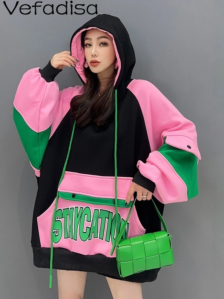 

Vefadisa 2024 Autumn Winter New Black Patchwork Women Hoodie Hooded Long Sleeve Letter Printed Thick Hoodies ZXY784A