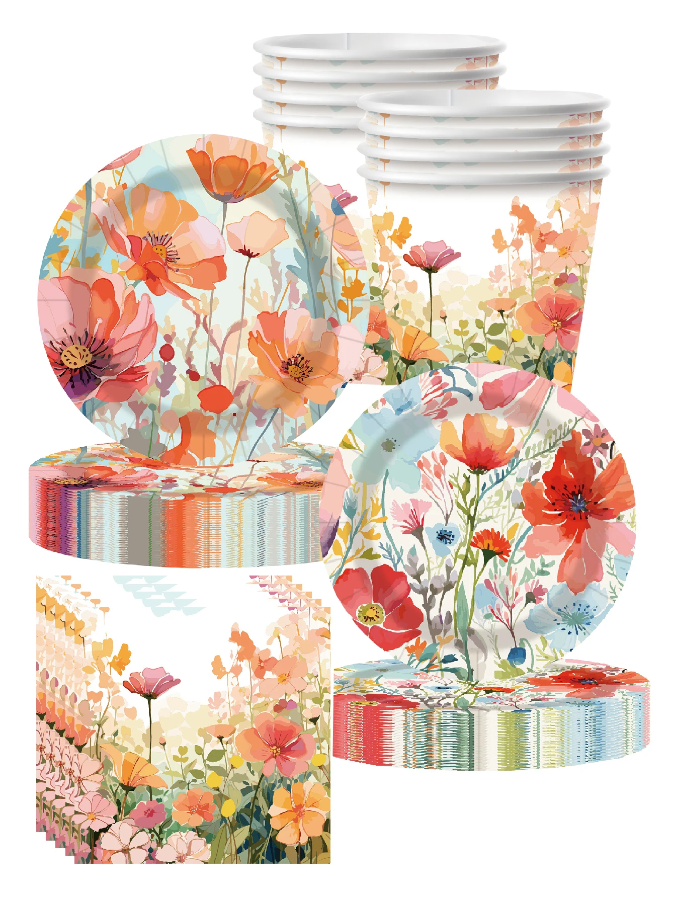Frühling und Sommer, florale Party-Pappteller mit Tulpenmotiv, Papierservietten, Pappbecher, Picknick-Party-Geburtstagsparty-Zubehör