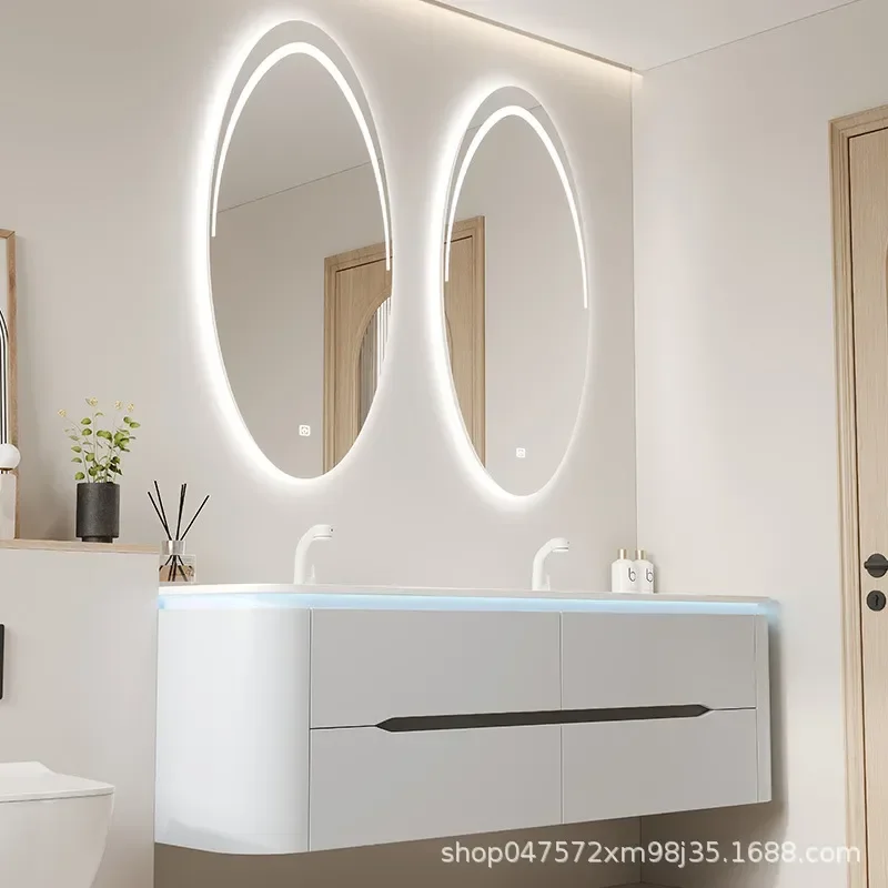 Skin Sense Double Basin Bathroom Cabinet Smart Face Wash Basin DuPont Corian Integrated Basin Oak Vanity Desk