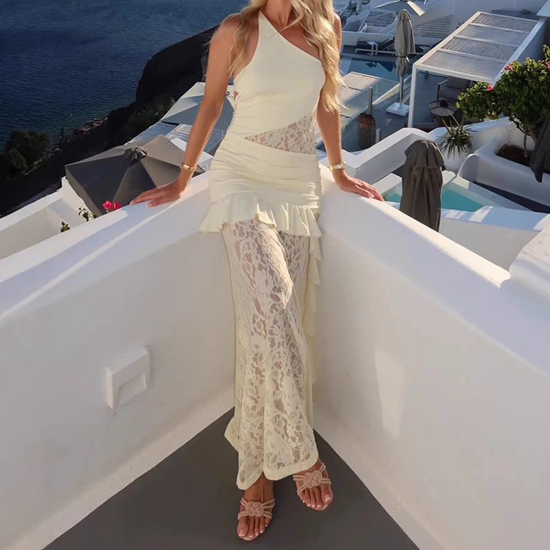 

Ruffle Design Solid Color Summer Long Dress Lace Patchwork Backless Holiday Dresses Sexy Slant Neck Sleeveless Slim Party Dress