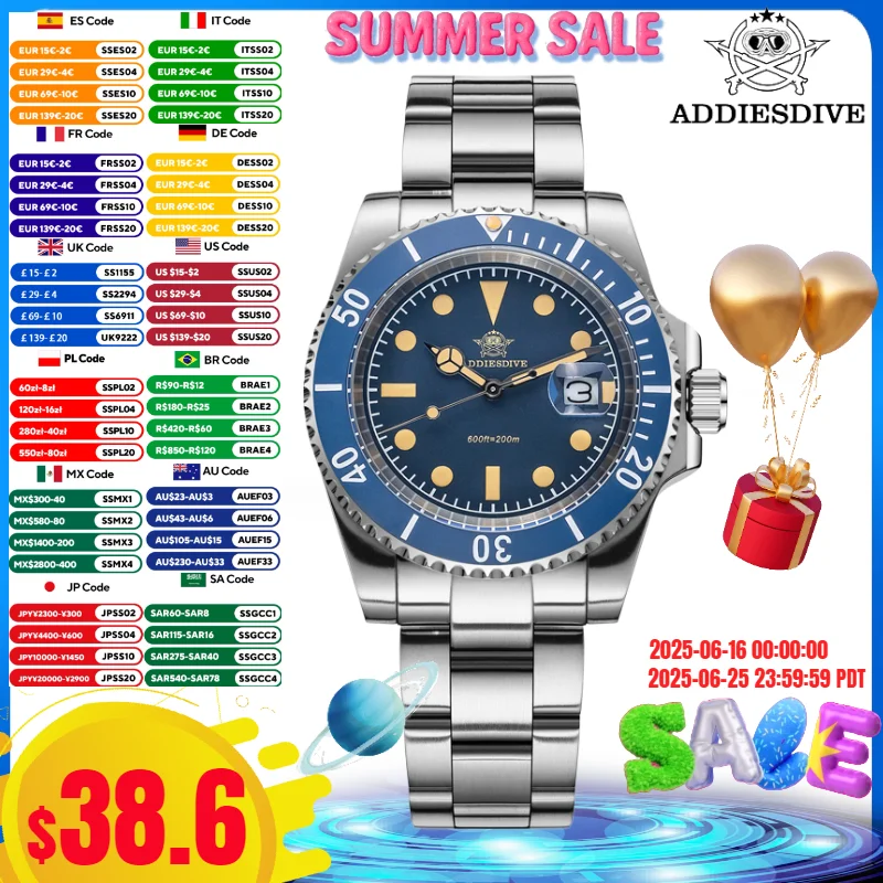 

ADDIESDIVE Watches For Men Date 200M Waterproof 316L Stainless Steel C3 Super Luminous Quartz Watches Ceramic Bezel