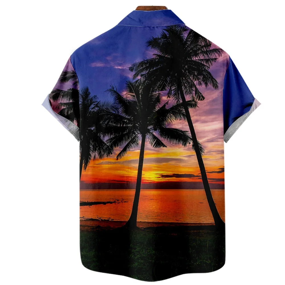 Men's Hawaiian Shirt Lapel Fashion Short Sleeve Loose Breathable Top Summer Beautiful Sunset Beach Men Clothing 2023