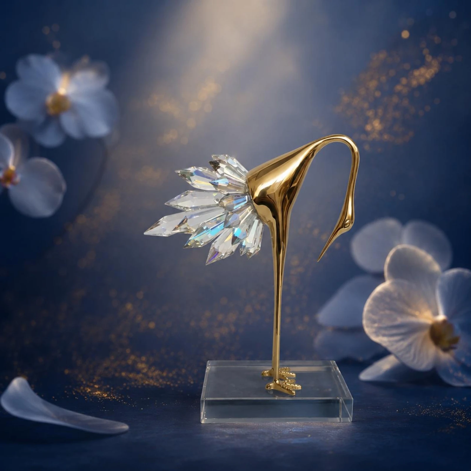 Crystalappendage Bird Ornament Faceted Wings Gold Crane Figurine Tabletop Crane Statue Clear Acrylic Base House Decoration