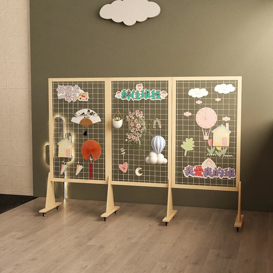 Floor-to-ceiling mobile grid display stand Kindergarten works shelf Handmade school festival solid wood storage shelf