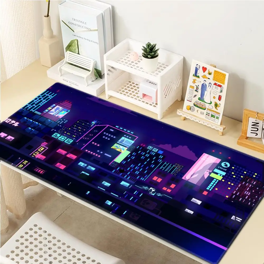 City Neon Pixel Large Mouse Mat Gaming Mousepad Gamer Mousepads Rubber Keyboard Mats Desk Mats XXL Big Mouse Pads 600x1200mm