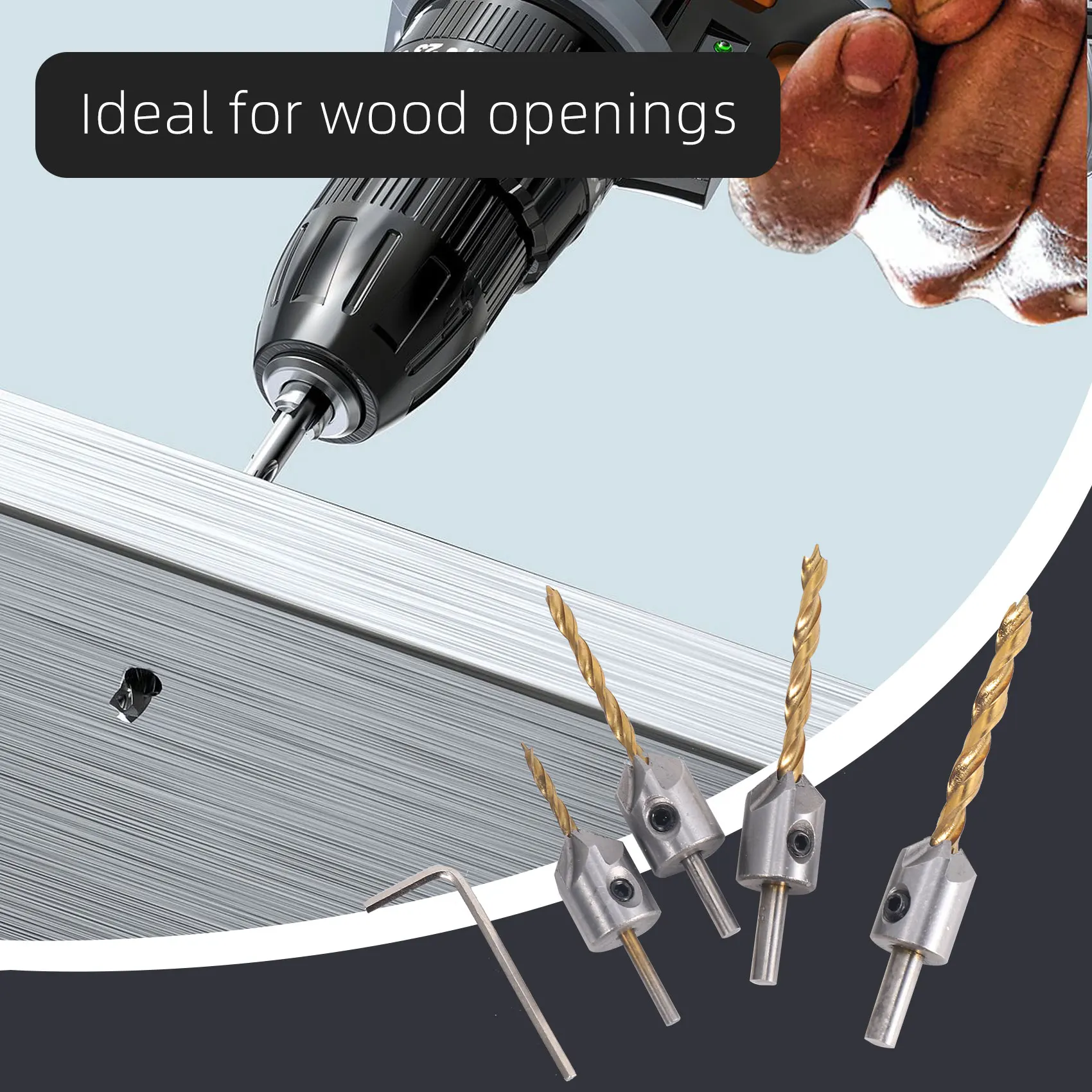 ABJT-4 PCS Titanium Coated Countersink Drill Bit Set Woodworking Carpentry Reamer Tool Set With Hex Key Wrench