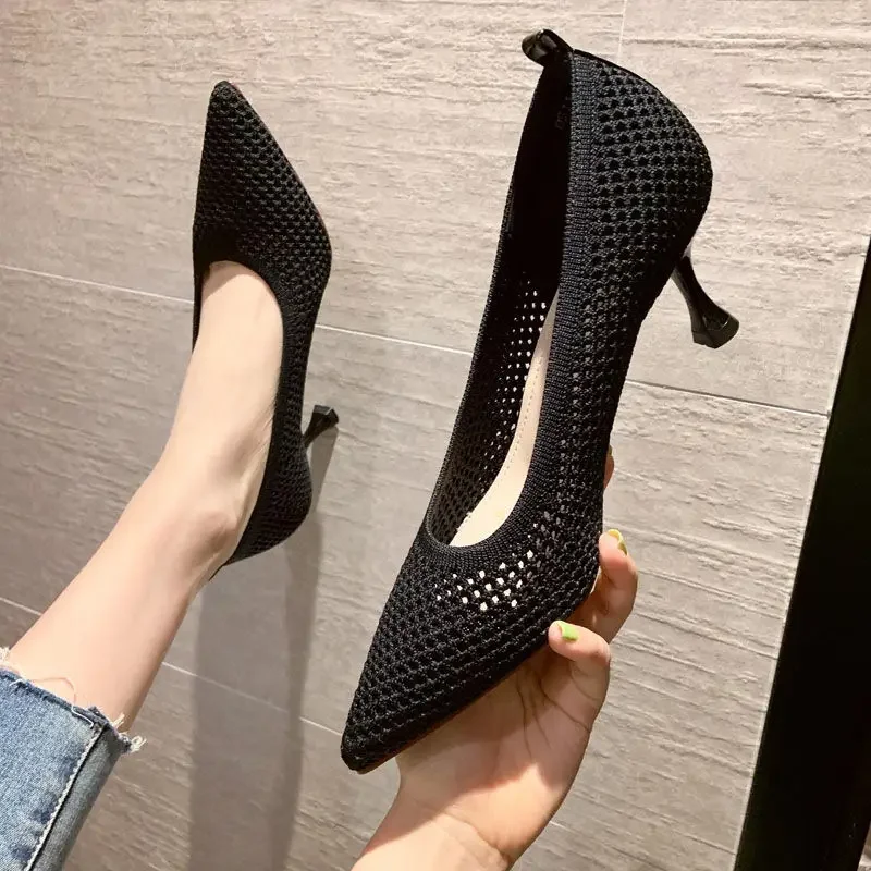 Damskie czółenka letnie wygodne trójkątne buty na obcasie na szpilkach seksowne pojedyncze buty siatka tkana oddychające buty damskie