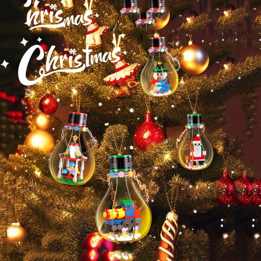 

MOC Festival Рождественская подвесная лампа Снеговик Санта-Клаус Набор строительных блоков Декор в виде елки со световой лампой DIY Игрушки для детей Подарок