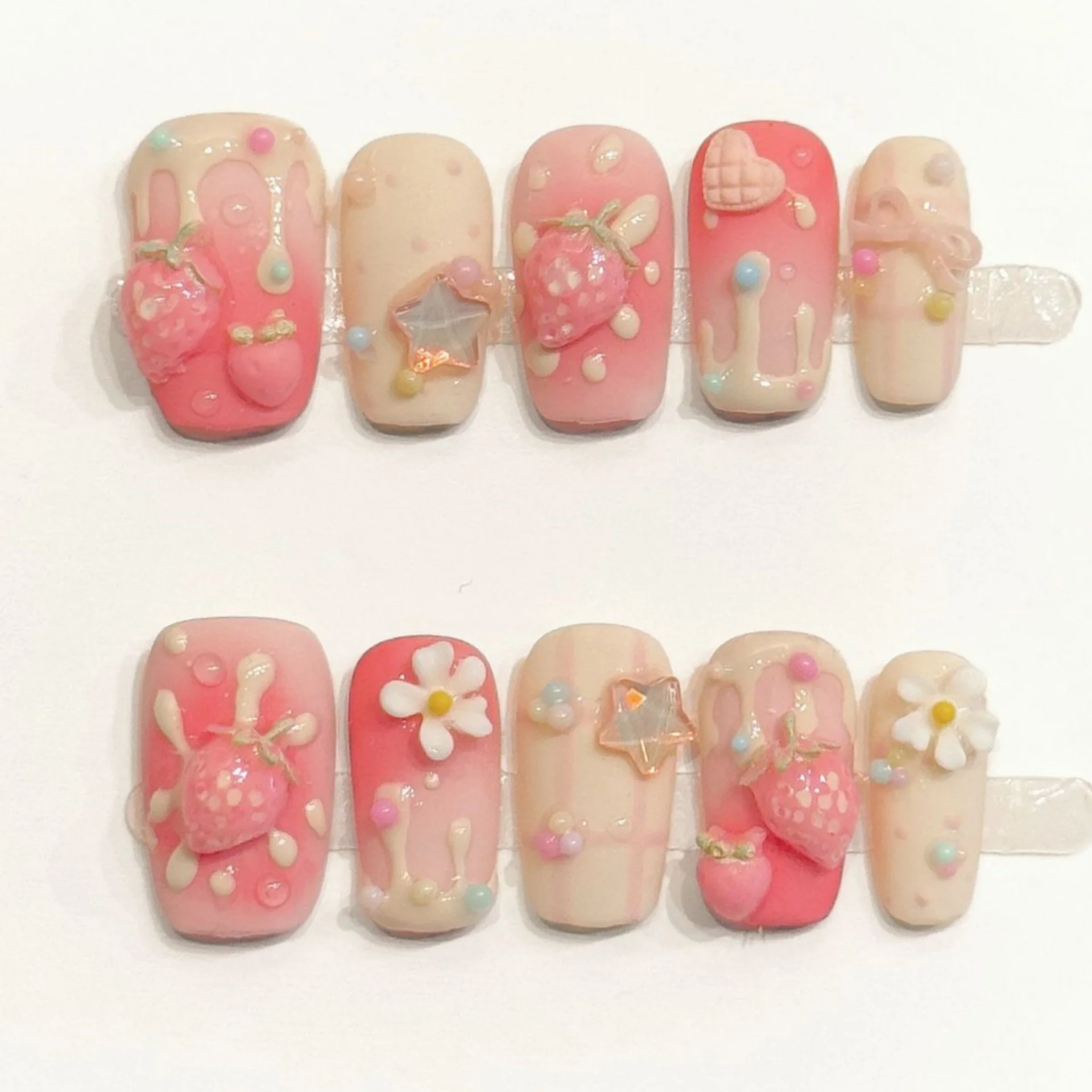 10pcs Strawberry Flower Handmade Fake Nails Art Cake Gradient Pink Square False Nail Tips Star Decor Girl Cute Press on Nails