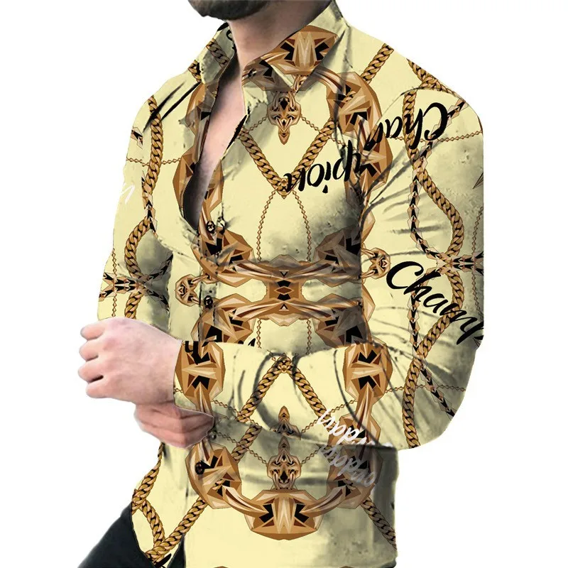Long Sleeve Golden Chain Shirt Bussiness Style Men's Shirts Casual 3D Prited Man Shirt Mens Cardigan Slim-fit Lapel Men's Shirt