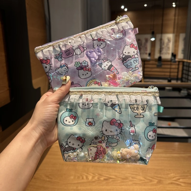 

hello kitty cute cartoon lace edge cat PVC transparent quicksand makeup bag coin wallet lipstick headphone portable storage bag