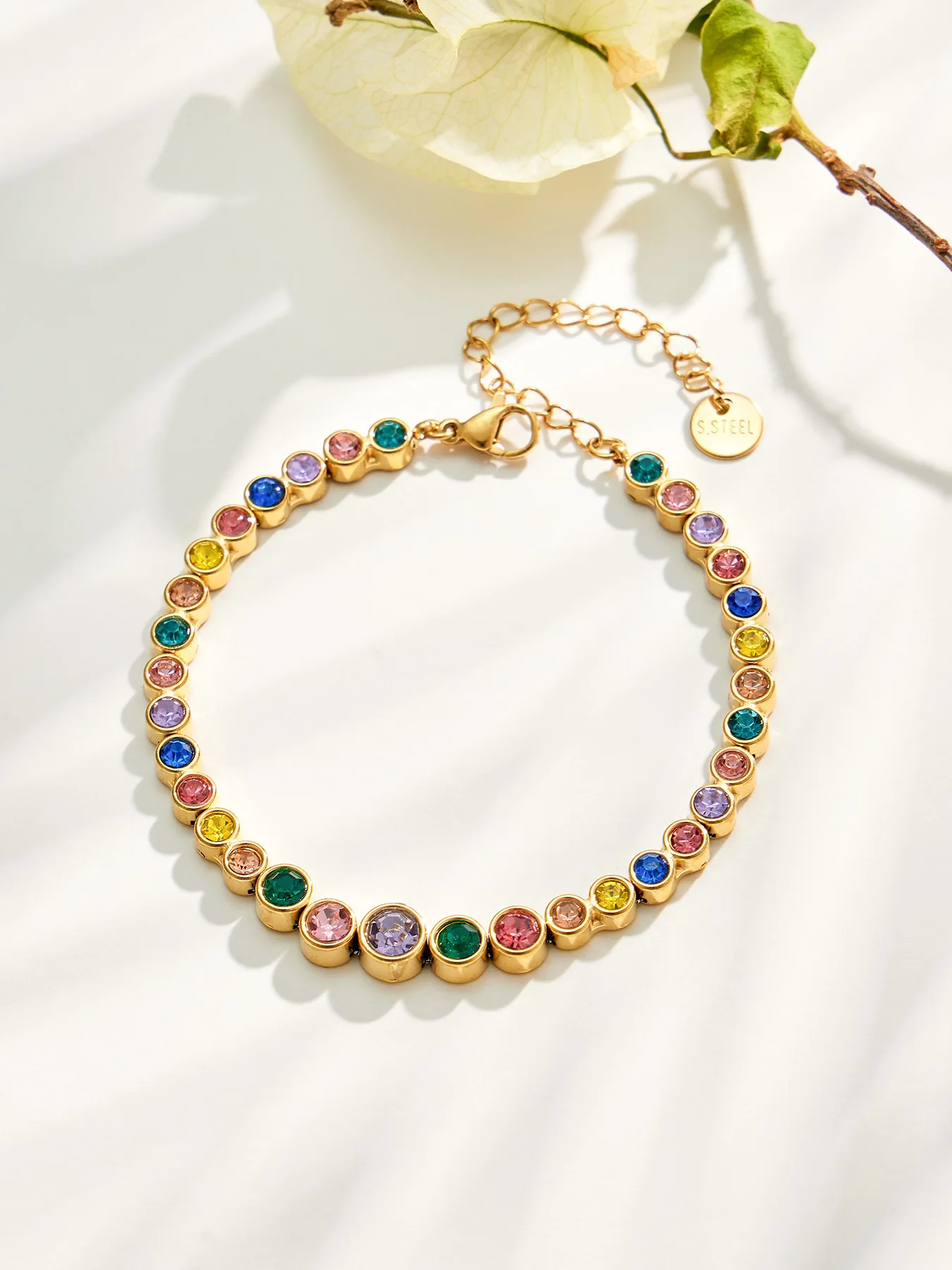 Boho Farbiger Zirkon Tennis-Schmuckset für Damen 18K Vergoldetes Edelstahl Farbverlauf Runde CZ Halskette Armband Ohrringe – Detail 19