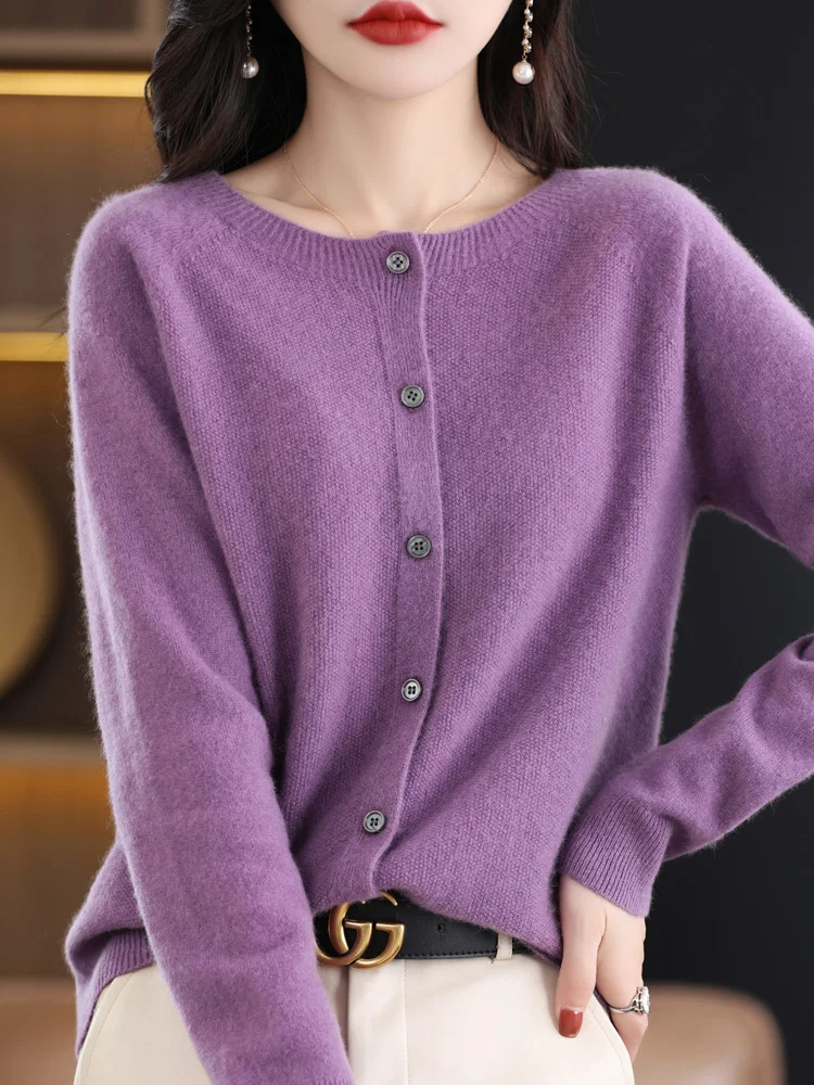 Fashion Spring Autumn 100% Merino Wool Sweater Women O-Neck Cashmere Cardigan Long Sleeve Knitwear Basic Female Clothing Tops