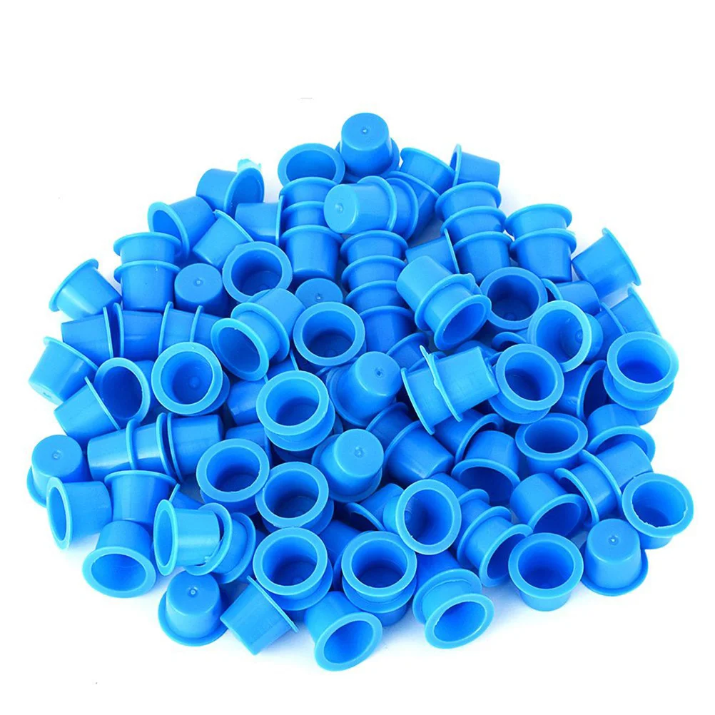 100pcs Ink Caps Disposable Plastic Ink Cups Permanent Eyelash Makeup Eyebrow Tattooing Pigment Container Size M (Blue)