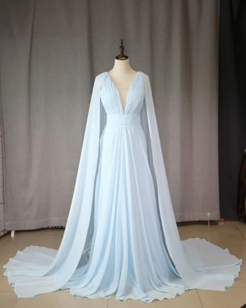 

High Quality Chiffon Mother Of The Bride Dress Sleeveless Long Dress Pleated V Neck Backless Formal Evening Party Gown with Cape
