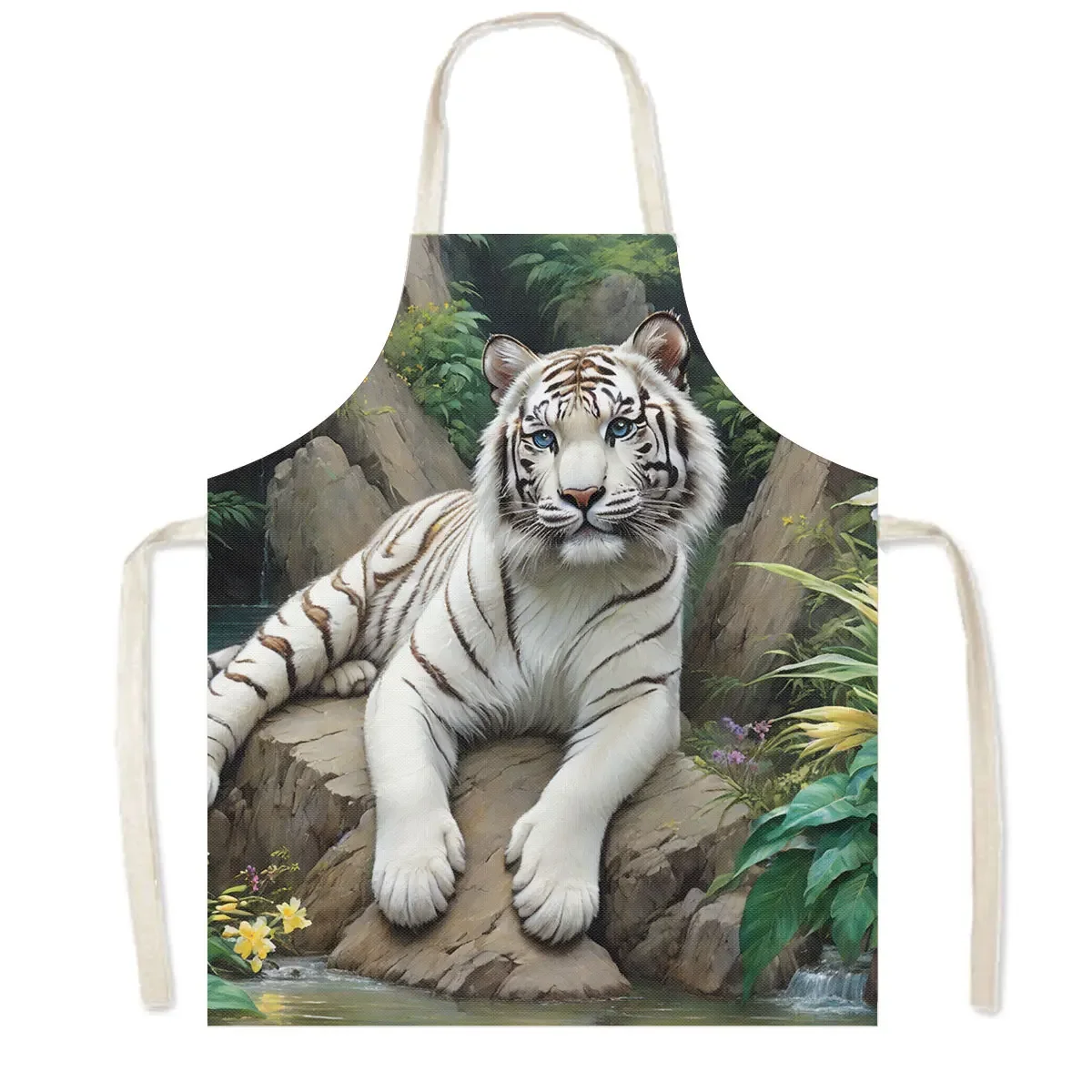 3Dプリント油絵ホワイトタイガーキッチンエプロン女性男性ベーキングホームクリーニング衣類ツールシェフウェイタークッキングピナフォアギフト