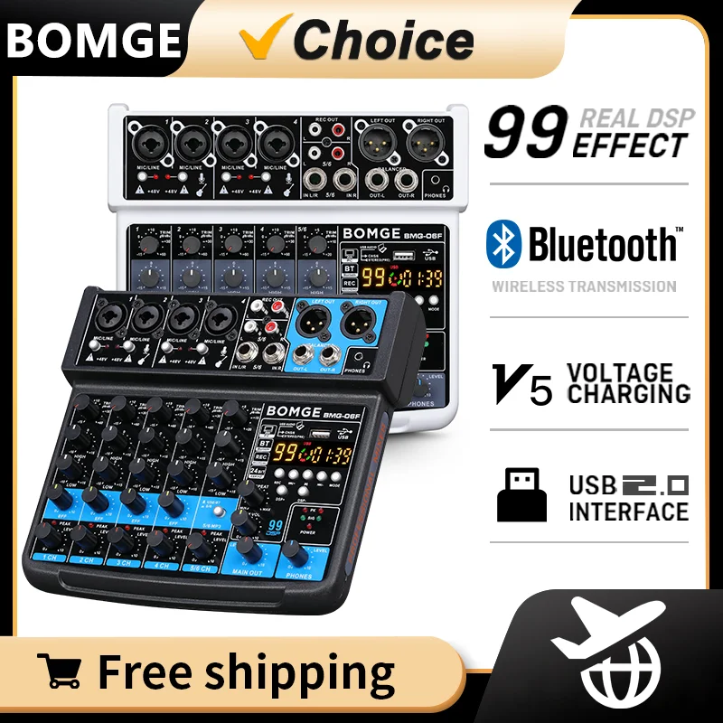 BOMGE 6 Channel 99 DSP Mini DJ Audio Sound Mixer Interface with MP3 USB Bluetooth Stereo Recording 48V Phantom Power for Karaoke