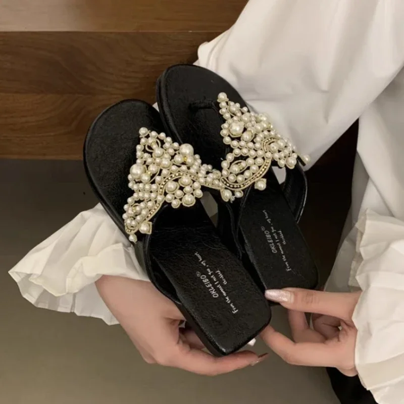 Women's Flip-flops Summer New Flat Toe Clip Pearl Slippers Casual Fashion Soft Soled Sandals Zapatos De Mujer