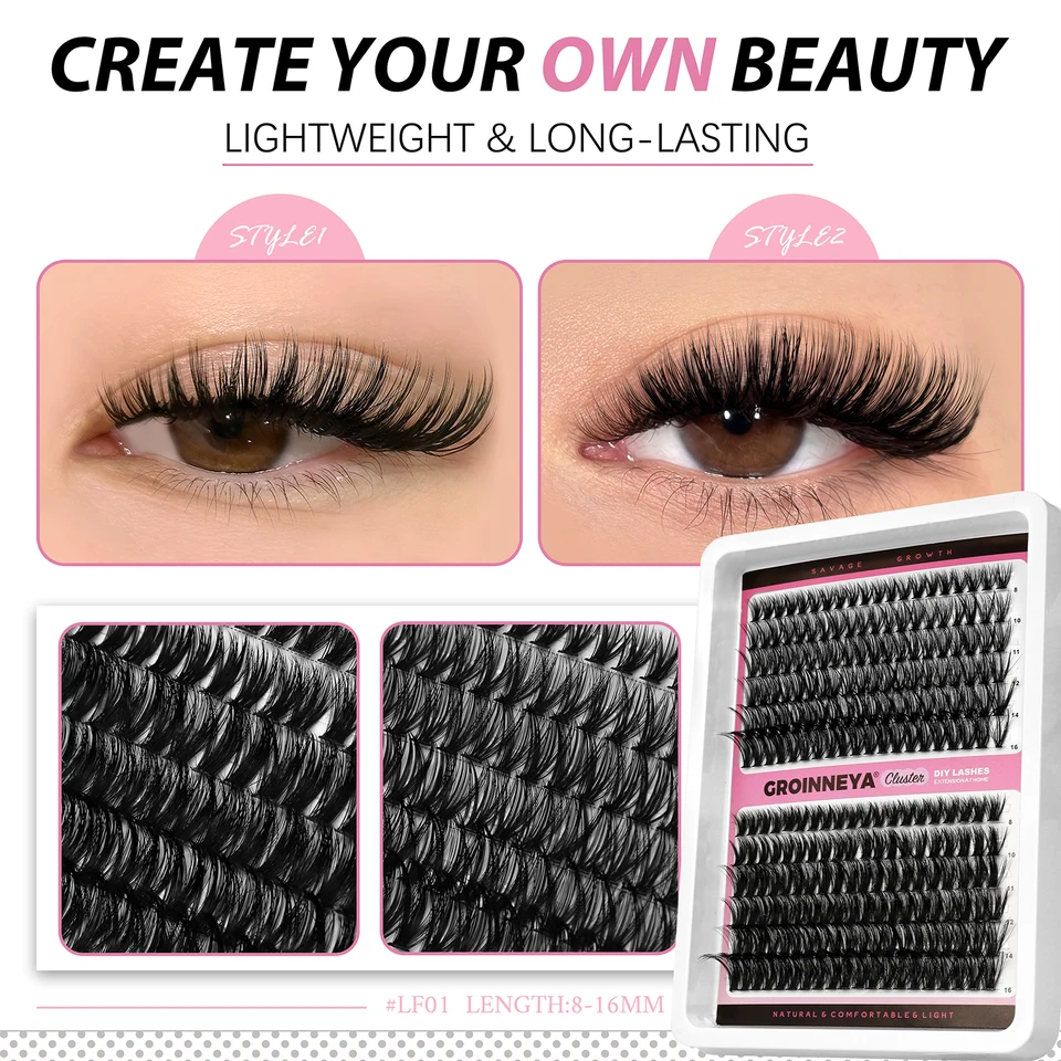 Kit de pestañas postizas DIY GROINNEYA, pestañas individuales de alta capacidad, mezcla de volumen en bandeja, set de 60P+80P para maquillaje 4
