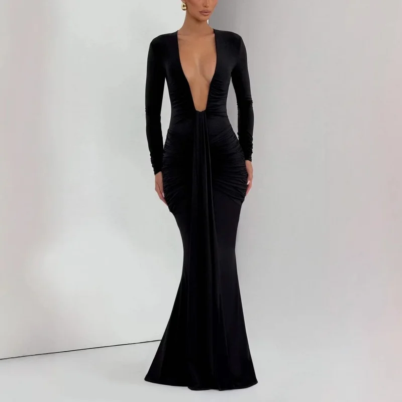 

Elegant Deep V Hollow Ribbon Slim Fit Maxi Long Dress Sexy Pleated Bodycon Party Dress for Women Spring 2026