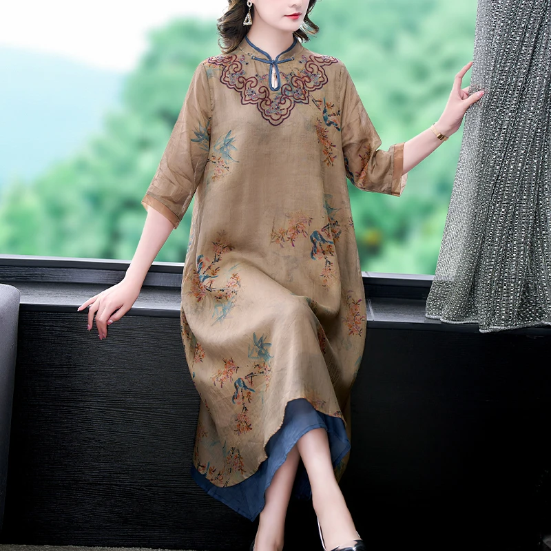 2023 Autumn New Women\'s Silk Cotton Hemp Short Sleeve Dress Flower Embroidered Long Slim Dress Loose Size Knee Length Robe