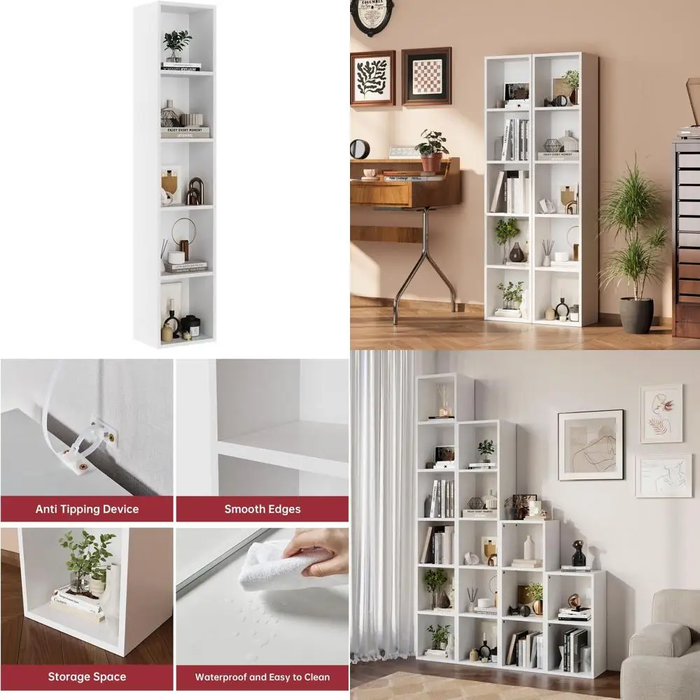 

5-ярусный высокий узкий книжный шкаф с местом для хранения, шкаф для CD-дисков для дома или офиса (белый)