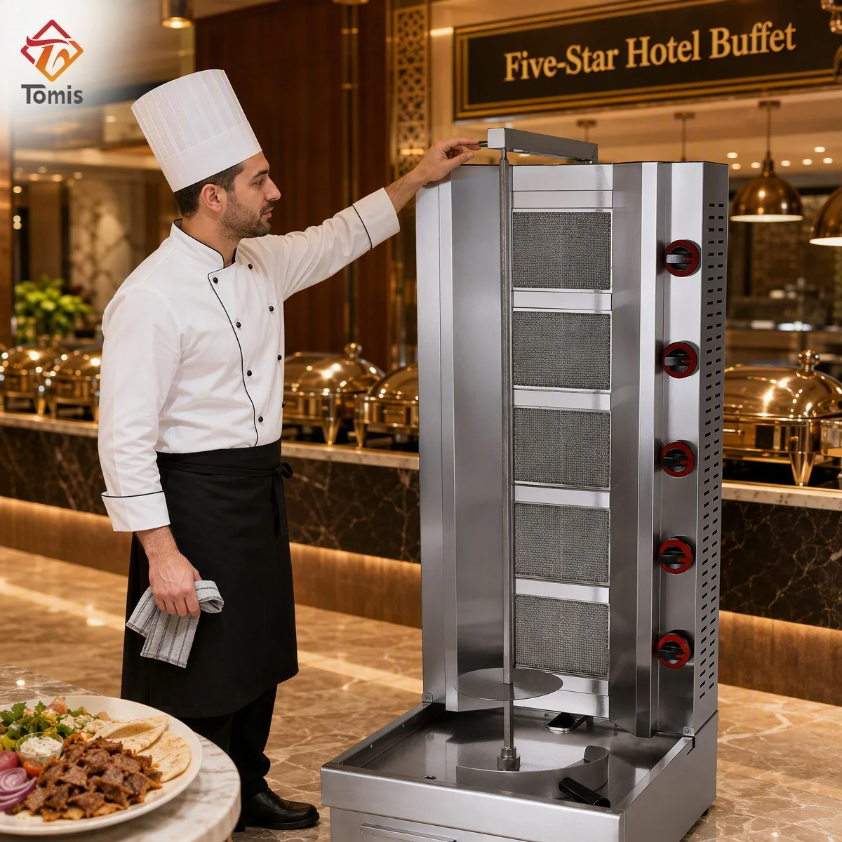 5 Burner Commercial Gas Shawarma Machine Stainless Steel Doner Kebab Rotisserie Grill Automatic Vertical Broiler