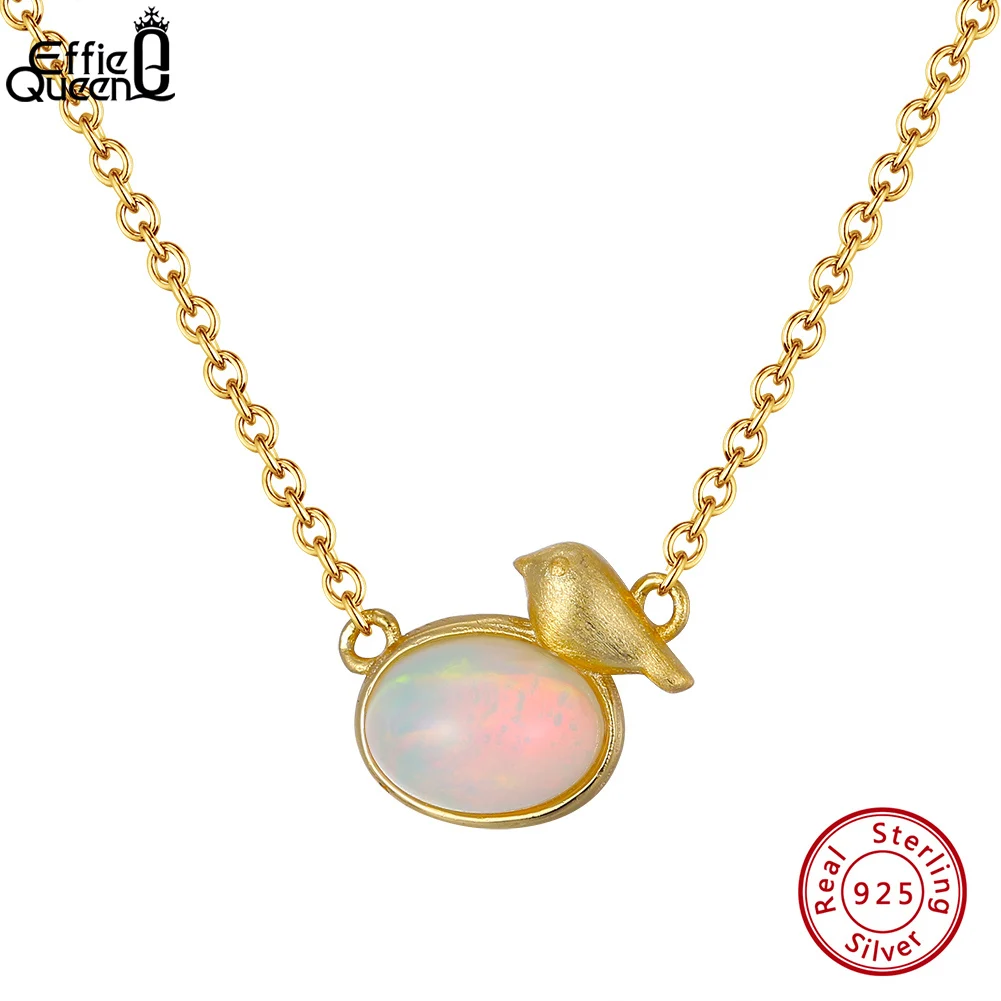 EFFIE QUEEN 925 Sterling Silver Natural Oval Opal Pendant Necklace Cable Chain Little Bird Decoration Neck Accessory Gift GMN03