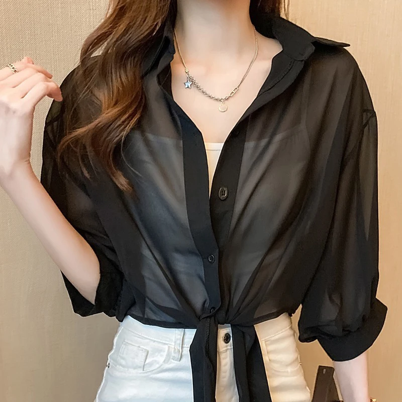 

Women Light Thin Lantern Sleeve t-shirts Summer Sunscreen Shirt Fashion Turn Down Collar Female Style With Skirt Over Shawl Coat