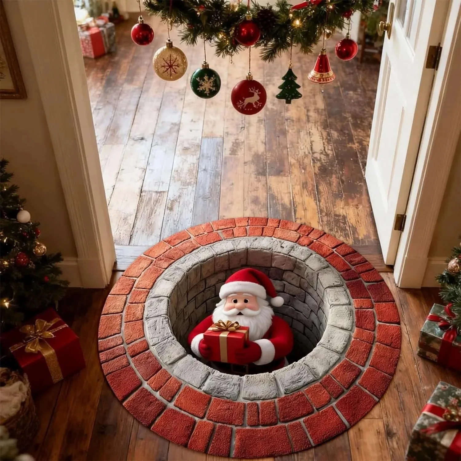 Christmas 3D Visual Illusion Santa Round Rug Carpet Brick Well Santa Gift Pattern Mat for Holiday Party Indoor Home Decoration