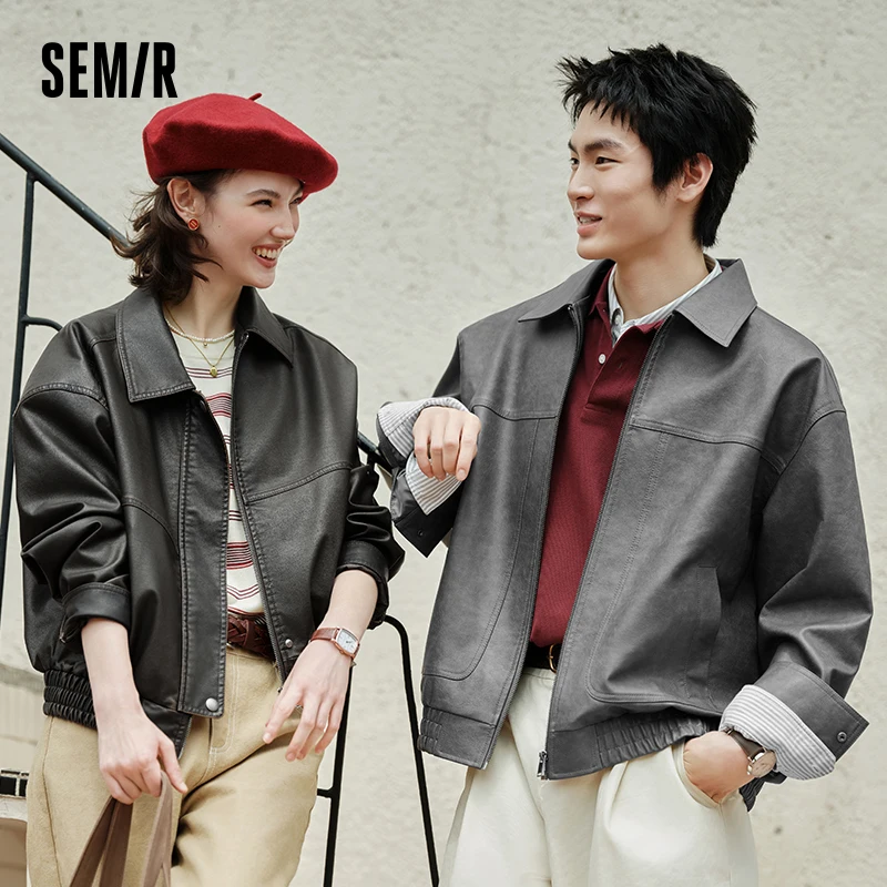 Semir Coat Men 2024 Autumn New Fashion Textured PU Leather Jacket Short Loose Simple Classic Jacket