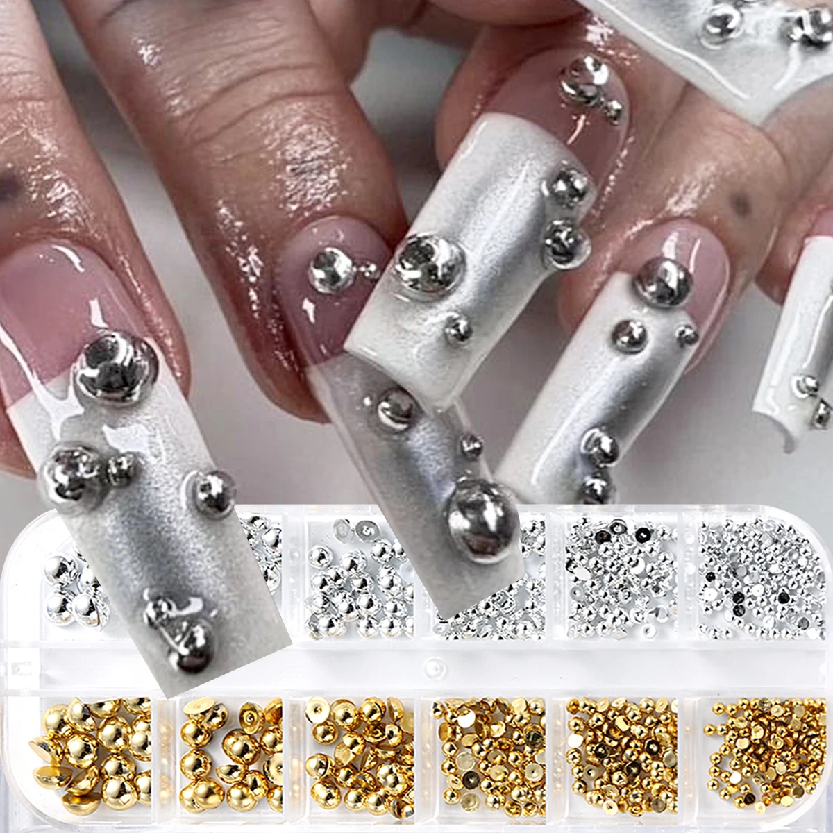 Mixed Gold Silver Metal Nail Studs Round Flat Back Beads Star Rivets Nail Charms, Multi‑Size Nail Art Decorations Punk Y2K Nail