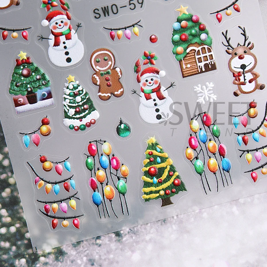 5D Cartoon Christmas Nail Sticker Snowman Santa Claus Balloon Deer Christmas Tree Cookie Man Neon Lamp DIY Winter Decal Manicure