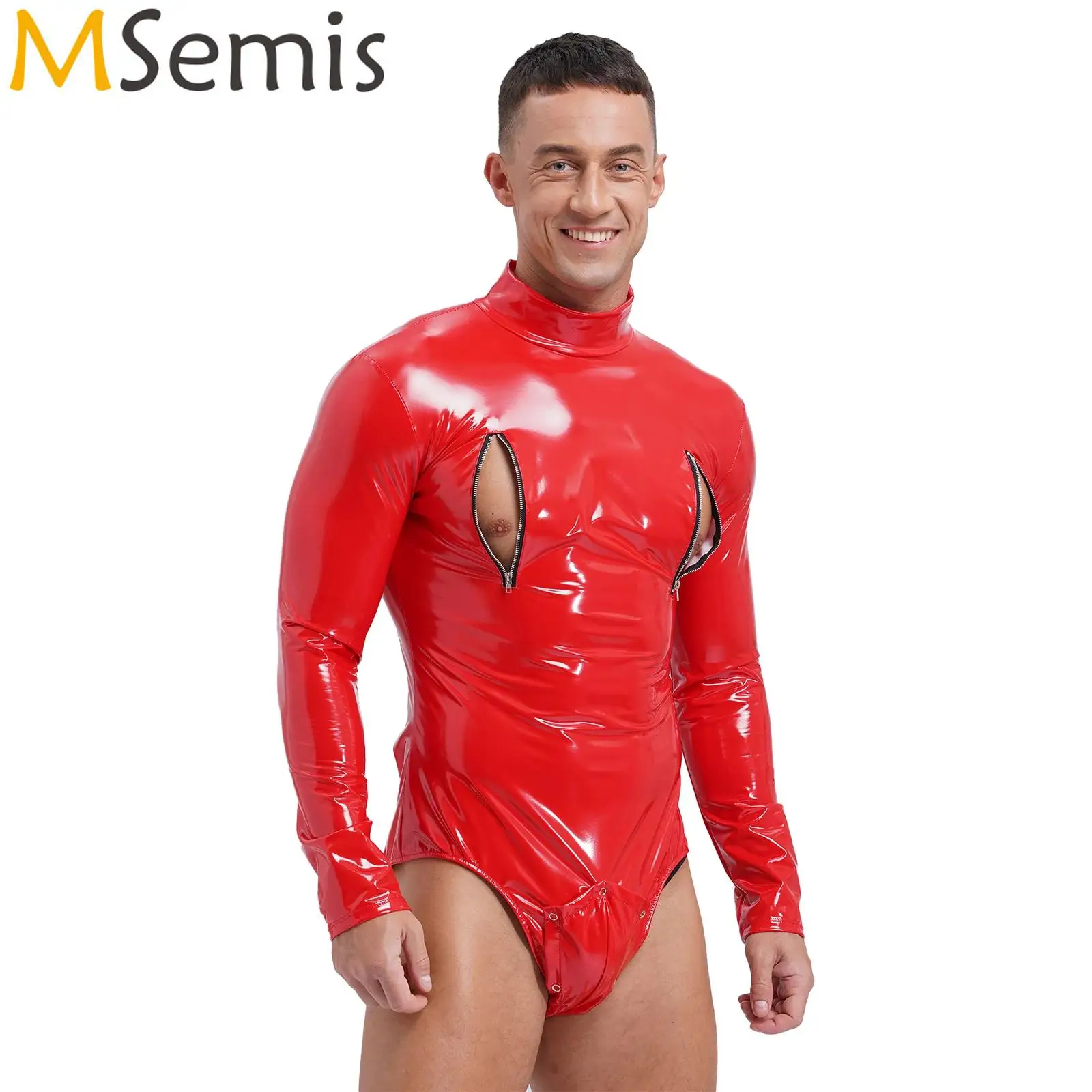 Mens Slim Fit Long Sleeve Zipper Bulge Pouch Boxer Bodysuit Shiny Latex Catsuit Leotard Overall Jumpsuit Leotard Clubwear