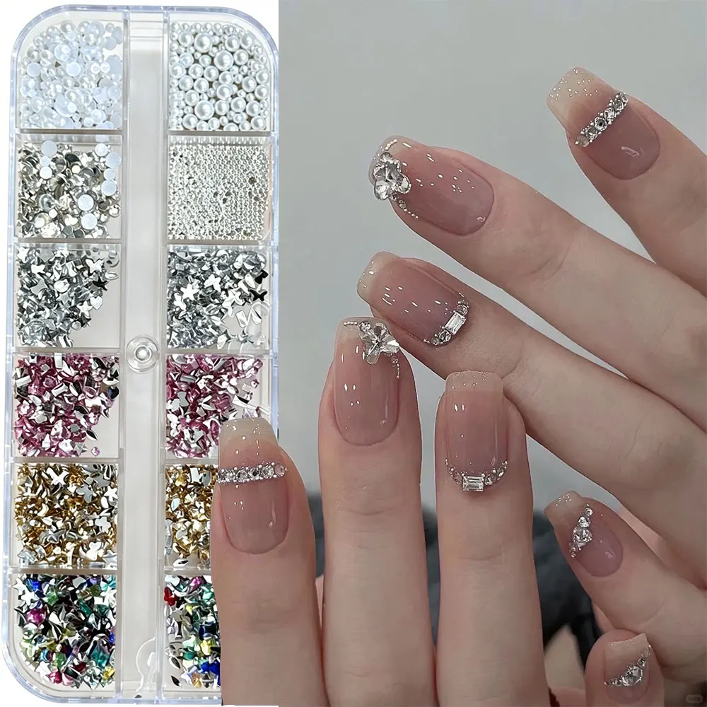 12Grids Multi Color Irregular Nail Rhinestones White Pearl Micro Caviar Beads Flatback Crystal Nail Charms DIY Nail Art Crafts