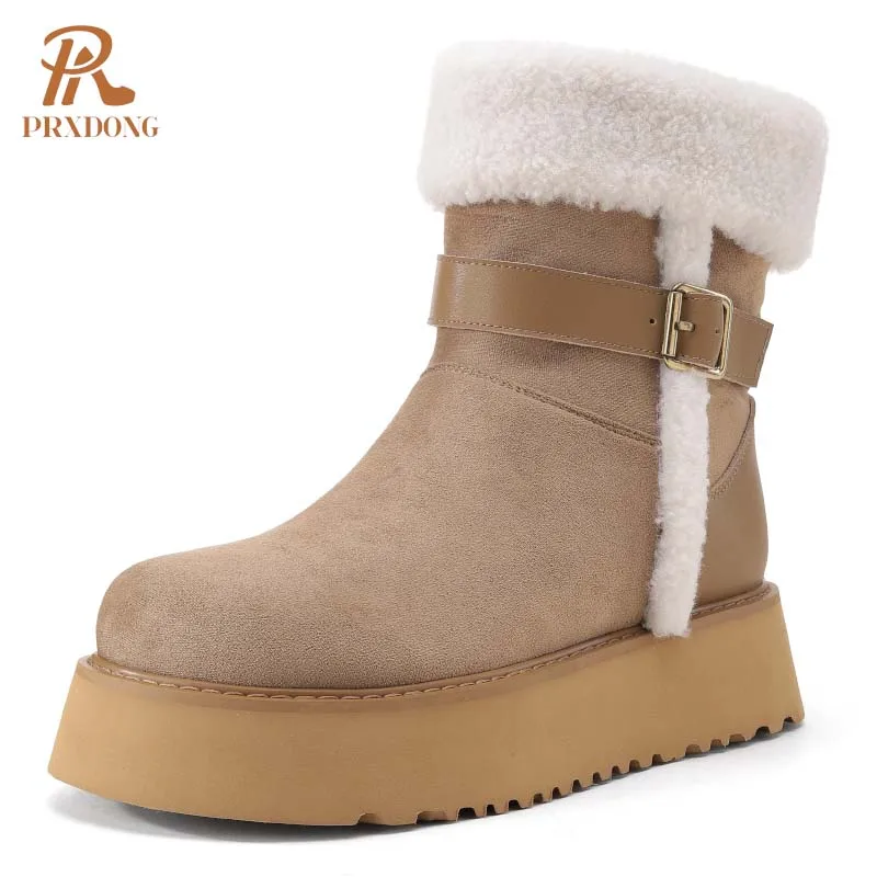 PRXDONG New Brand Qulaity Leather SHoes Woman Ankle Snow Boots Med Heels Platform Apricot Casual Lady Knee High Boots Size 34-39