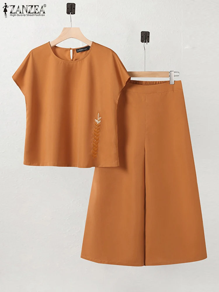 2024 Summer Trousers Suit Short Sleeve Blouse Wide Leg Pant Sets ZANZEA Women Fashion Matching Sets Elegant OL Work Tracksuits