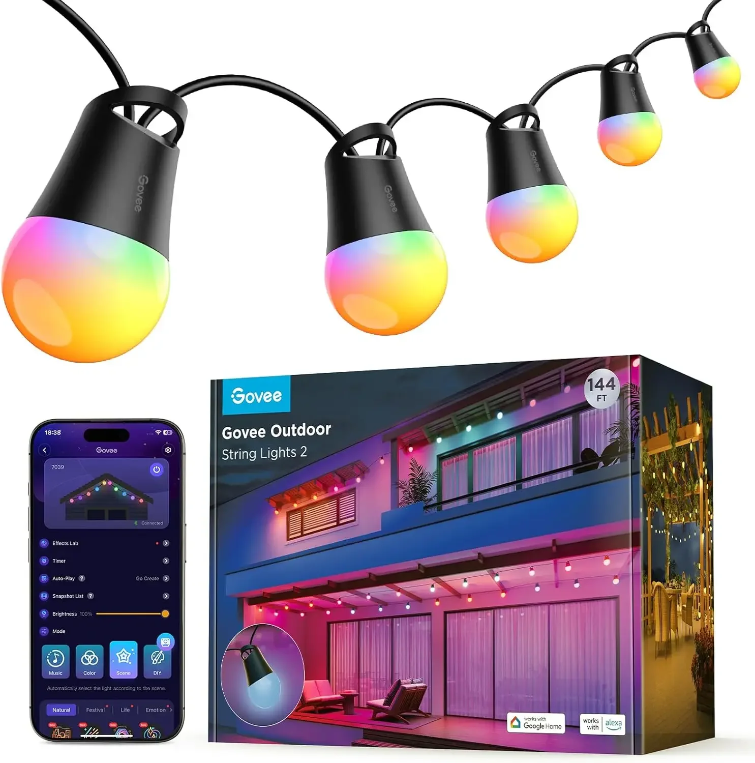 

Smart Outdoor String Lights 2, 144ft RGBIC Outdoor Lights with Dimmable Warm White LED Bulbs for Halloween, 47 Scene Modes