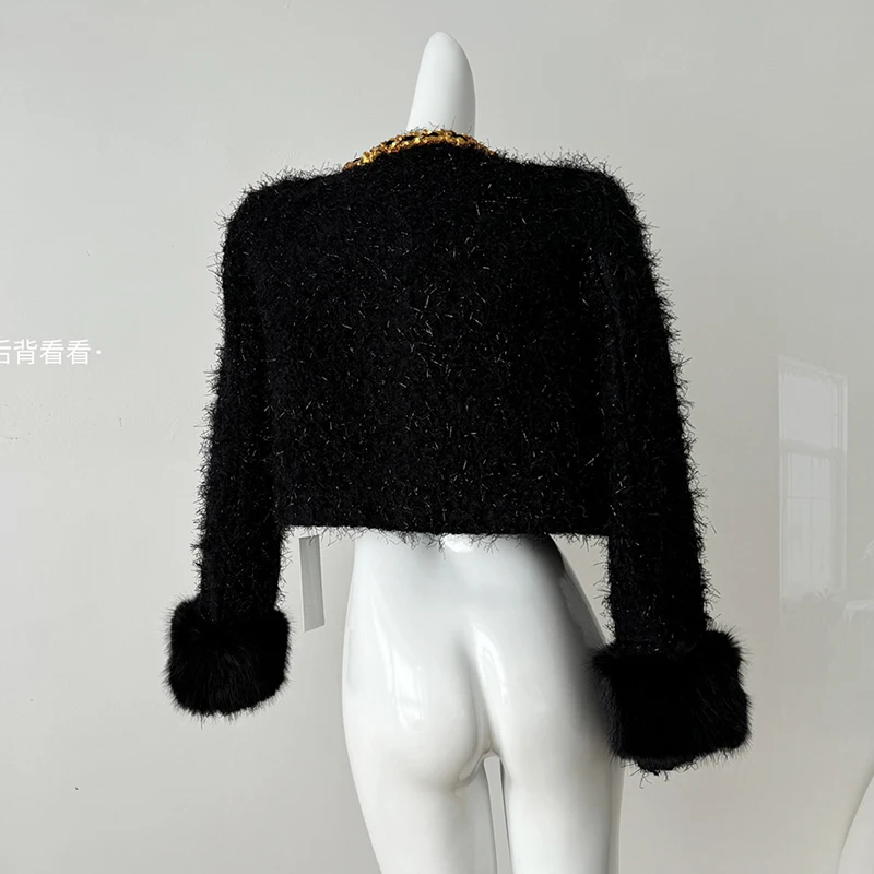 Black and Gold Elegant Jacket Coat, Shoulder Pad, Buttons Cover, Removeable Fuffy Cuff, Evening Party Short Overcoat